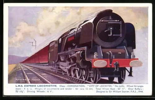 Künstler-AK englische Eisenbahn, L.M.S. Express Locomotive Class Coronation City of Leicester no. 6252