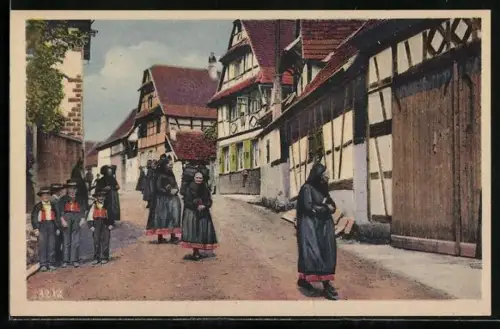 AK Kirchgang im Elsass, Menschen in Trachten