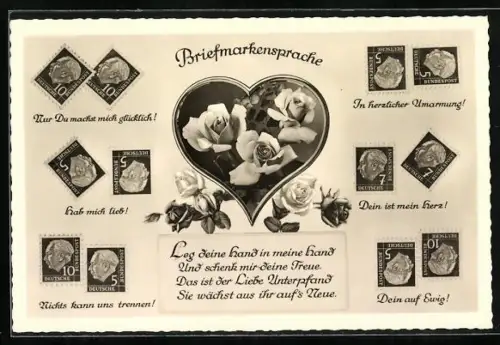 AK Briefmarken umschliessen ein Herz mit Rosen