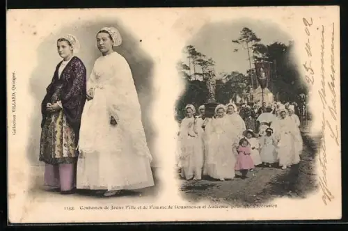 AK Audierne, Costumes de Jeune Fille et de Femme de Douarnez et Audierne pour une Procession