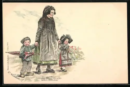 Künstler-Lithographie Curt Liebich: Grossmutter mit ihren Enkeln in elsass-lothringischer Tracht