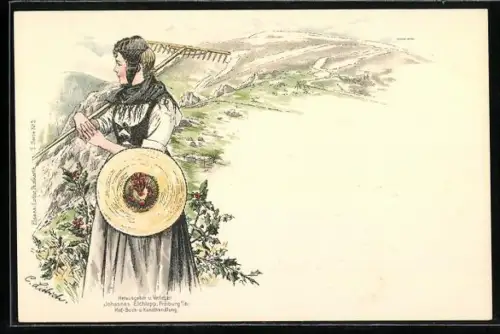 Künstler-AK Curt Liebich: Elsass-lothringische Tracht, Bauerstochter mit Harke & Strohhut