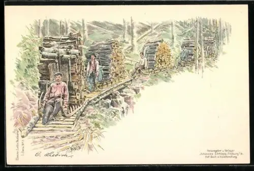 Künstler-Lithographie Curt Liebich: Waldarbeiter in elsass-lothringischer Tracht mit Holzschlitten