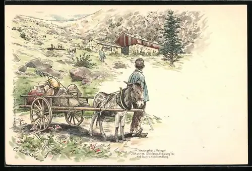 Künstler-Lithographie Curt Liebich: Händler mit einem Eselgespann