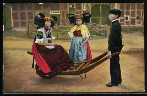 AK Kinder mit Karren in Schaumburg-Lippischer Landestracht