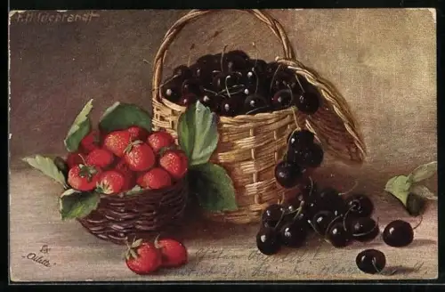Künstler-AK Fritz Hildebrandt: Stilleben mit Erdbeeren und Kirschen