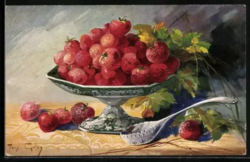 Künstler-AK Mary Golay: Stillleben mit Schale voller Erdbeeren
