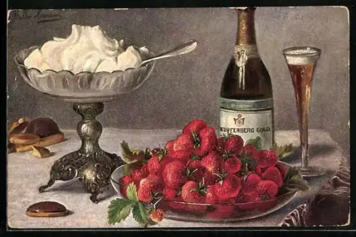 Künstler-AK Reklame Kupferberg Gold, Stilleben mit Erdbeeren und Sahne