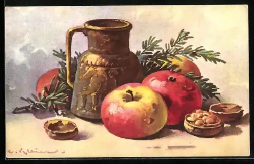 Künstler-AK Catharina Klein: Stillleben mit Äpfeln, Tannenzweigen und Krug