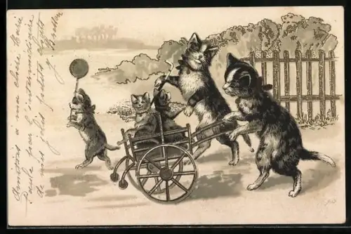 AK Katzen schieben ihre Jungen auf Wagen, Katze mit Luftballon, vermenschlichte Tiere