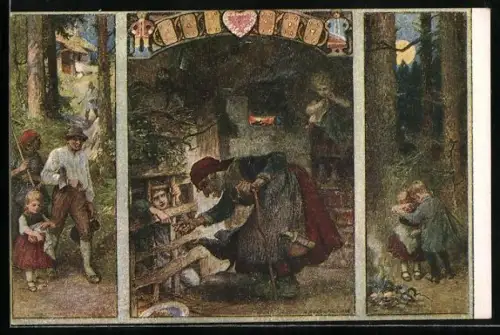 AK Hänsel und Gretel, mit den Eltern durch den Wald laufend, beide traurig im Wald, Hexe vor Hänsels Gefängnis