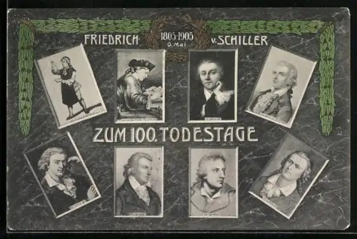 AK 100. Todestag Friedrich Schillers 1905, Porträts im Alter von 9 bis 45 Jahren