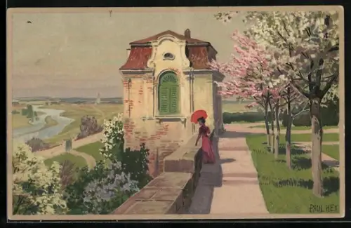 Künstler-Lithographie P. Hey: Frau an der Mauer geniesst die schöne Aussicht