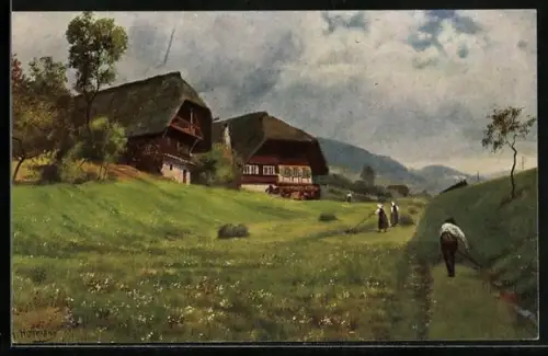 Künstler-AK H. Hoffmann: Partie an der Schwarzwaldbahn, Bauer und Bäuerinnen mit Sensen