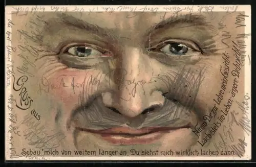 AK optischer Trick, Du ahnst es nicht, Schau mich von weitem länger an, Du siehst mich lachen dann, Gesicht