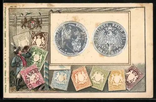AK Prinzregent Luitpold v. Bayern, 3 Reichsmark, Geld, Briefmarken, Wappen