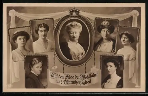 AK Kaiserin Auguste Victoria von Preussen und ihre Wohlfahrts-Helferinnen, Brustbilder, 7 Ansichten