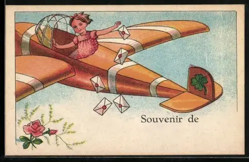 Künstler-AK Kleines Mädchen verteilt die Post mit einem Flugzeug, Kleeblätter