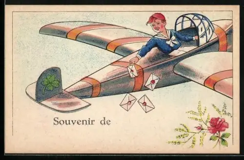 Künstler-AK Knirps verteilt die Post aus dem Flugzeug heraus, Kleeblatt