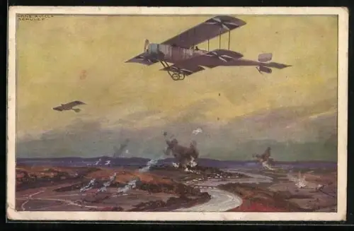 Künstler-AK Hans Rudolf Schulze: deutsche Luftflotte bombardiert den Feind