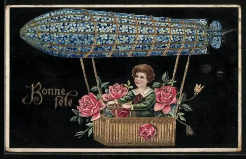Präge-AK Zeppelin aus Vergissmeinnicht, Bonne Fête, Blumenbild