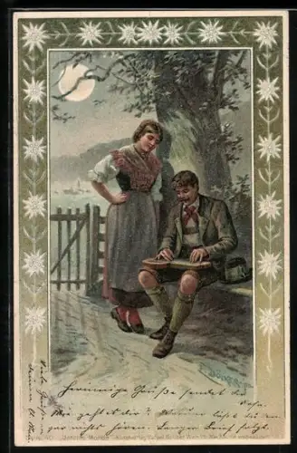 Künstler-AK E. Döcker: Unterm Monde, Liebespaar in bayerischer Trachtenkleidung, Zitherspiel