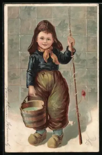 AK niederländischer Fischerjunge mit Angel und Wassereimer