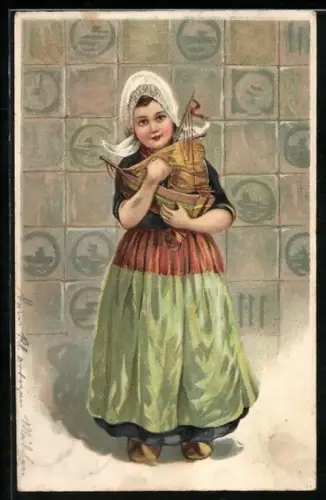 AK Mädchen in niederländischer Tracht mit Schiffsmodell