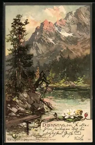 Künstler-AK T.Guggenberger: Flusslandschaft im Gebirge