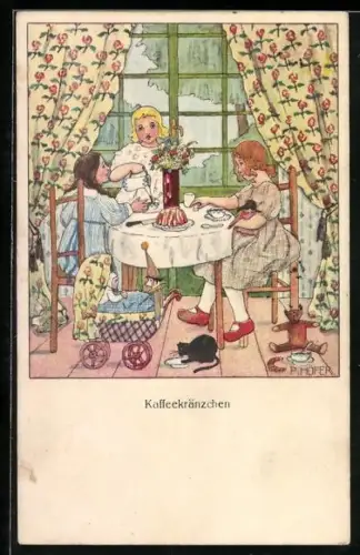 Künstler-AK sign. P. Höfer: Drei Freundinnen beim Kaffeekränzchen