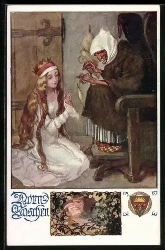 Künstler-AK Dornröschen, Motiv mit Spindel, Deutscher Schulverein