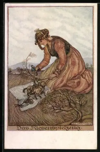 AK Märchen Das Riesenspielzeug, Riesin spielt auf einem Feld, Deutscher Schulverein