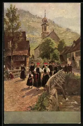 Künstler-AK W. Hasemann: Serie IV. Nr. 8, Kirchgang in Gutach, Frauen in Tracht