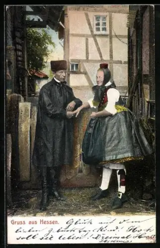 AK Gruss aus Hessen, Frau in Tracht u. Mann