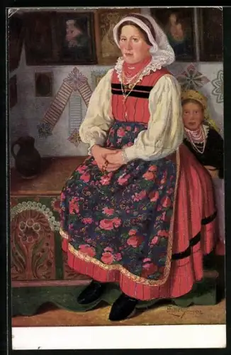 Künstler-AK sign. Fr. Lubienski: Polnische Mutter in Tracht mit Kreuz um den Hals