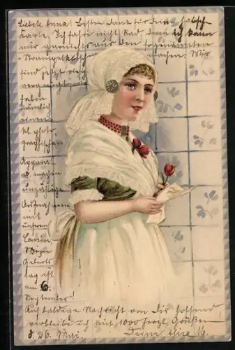 AK Holländerin mit Blume und Brief