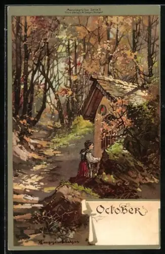 Künstler-AK T.Guggenberger: Allegorie Oktober, Frau bei einer Kapelle im Wald