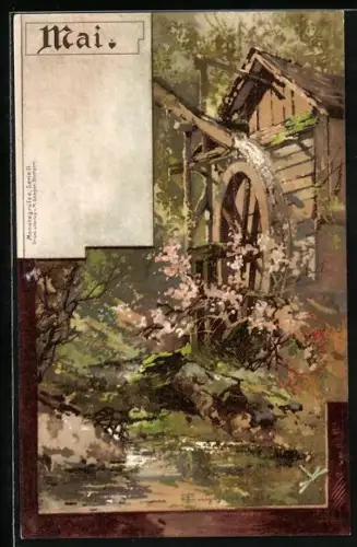 Künstler-AK T.Guggenberger: Mai, blühende Sträucher an der Wassermühle, Frühling