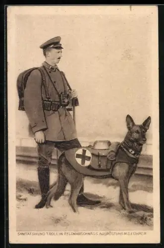 AK Sanitätshund Troll in Feldmarschmäss. Ausrüstung mit seinem Führer