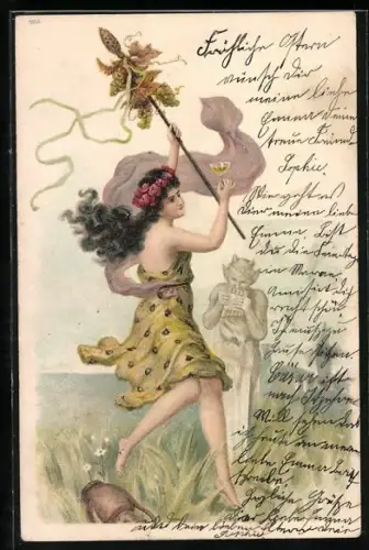 Lithographie Dame tanzt zur Musik des Fauns, Jugendstil