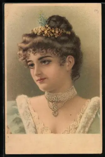 Glitzer-Perl-AK Frauenporträt mit Perlenschmuck