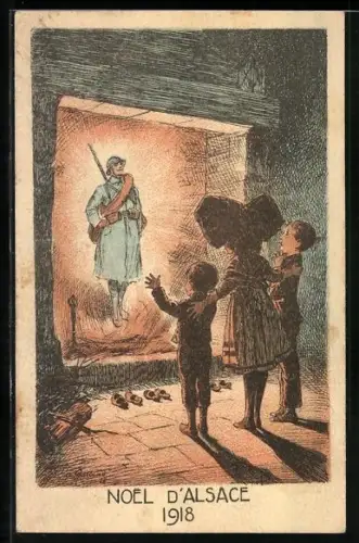 Künstler-AK Noel D'Alsace 1918, französischer Soldat geht für das Elsass durchs Feuer