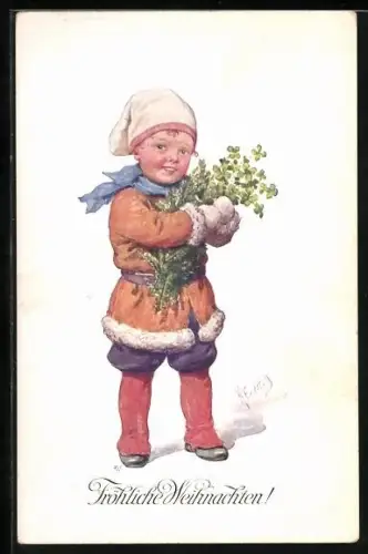 Künstler-AK Karl Feiertag: Kind mit Tannenzweigen und Glücksklee