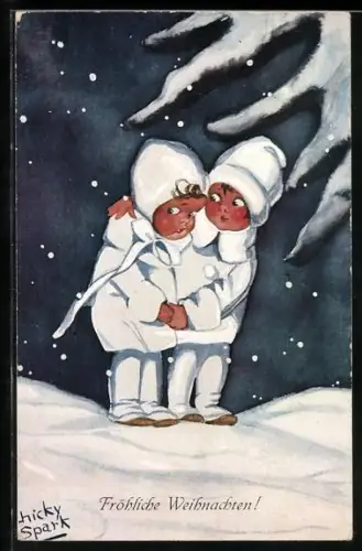 Künstler-AK Chicky Spark: Kleines Paar steht frierend im Winterwald, Weihnachtsgruss