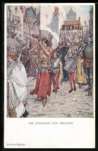 Künstler-AK M. Munk Nr. 1113: Jeanne d`Arc / Johanna von Orleans mit Fahne bei einer Prozession