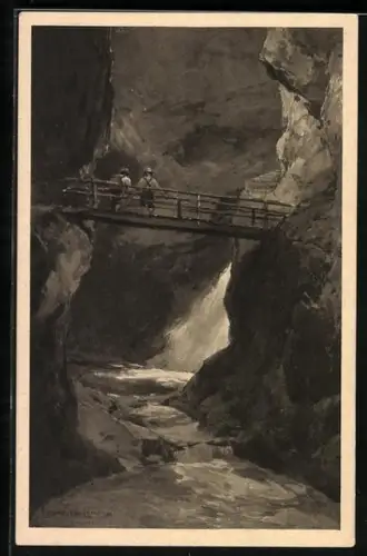 Künstler-AK Edward Harrison Compton: Almbachklamm, Brücke am Wasserfall