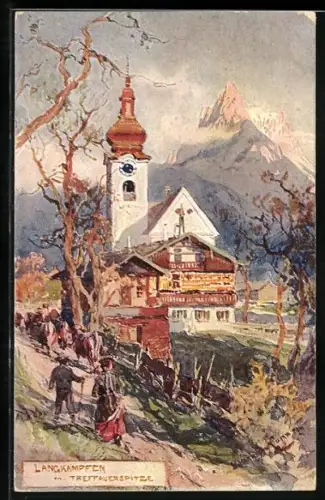 Künstler-AK Edward Harrison Compton: Langkampfen, Ortspartie mit Kirche und Treffauerspitze