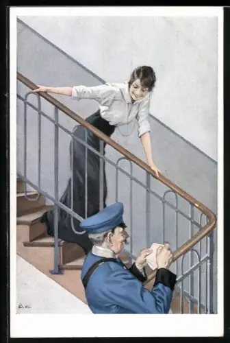 Künstler-AK Brynolf Wennerberg: Der Feldpostbrief, Briefträger bringt einer Frau die Post