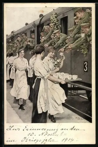 Künstler-AK Brynolf Wennerberg: Frauen reichen Soldaten im Zug Tassen und Blumen zum Abschied