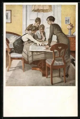 Künstler-AK Brynolf Wennerberg: Nr. 6 Strategie, Mädchen über Kriegskarte